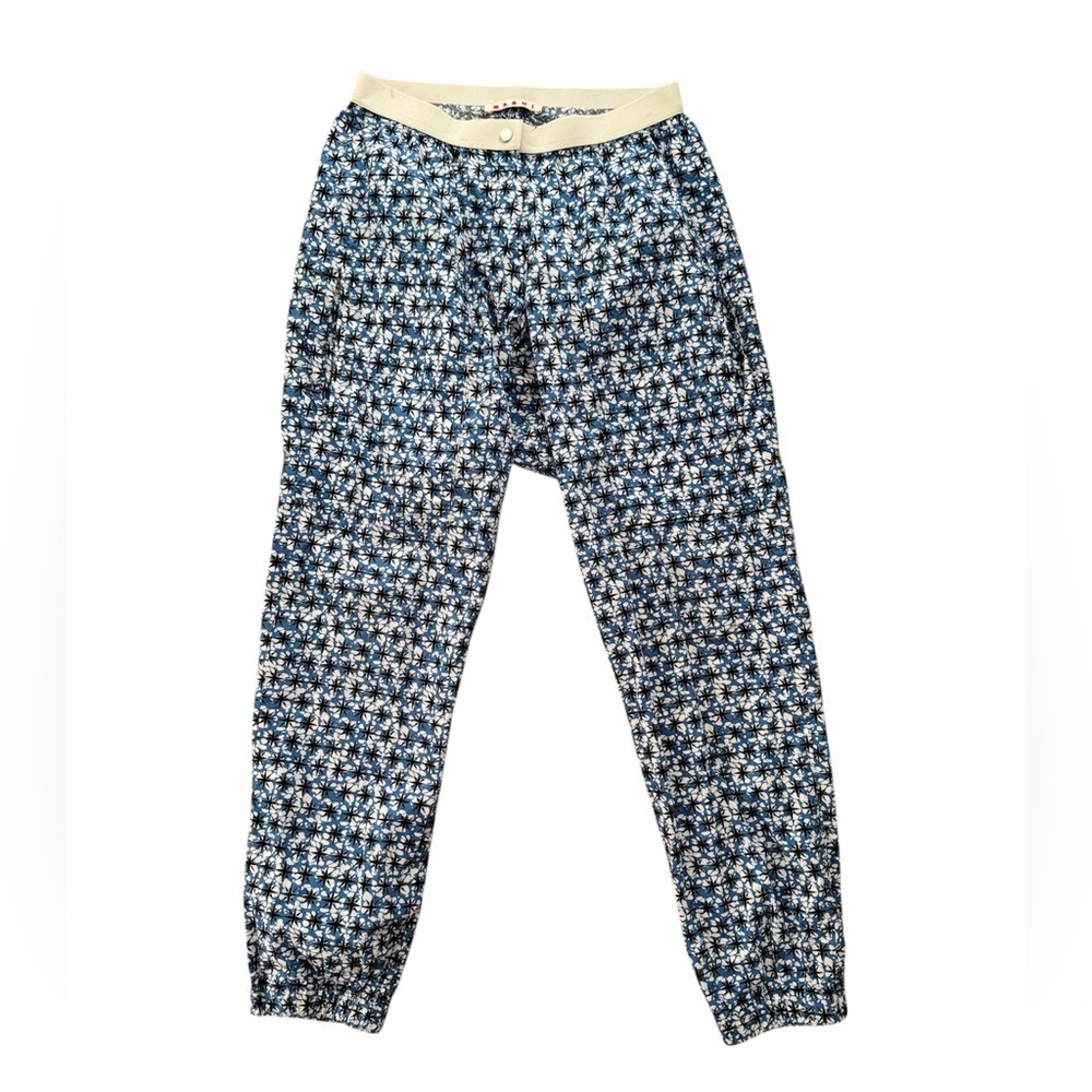 Marni Printed Pant Zip Snap Fly Elastic Waist XS 0 Pockets Blue Abstract